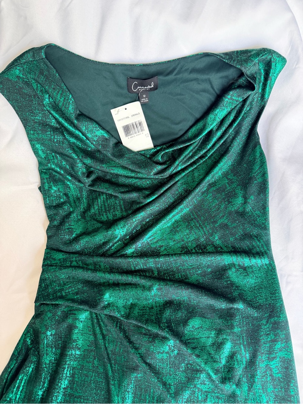 NWT Connected Apparel Emerald Green Metallic Cowl Neck Ruched Dress Sz 12